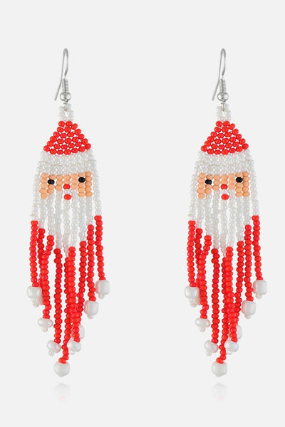 Pair of beaded Santa Claus earrings with red hats and white beards.
