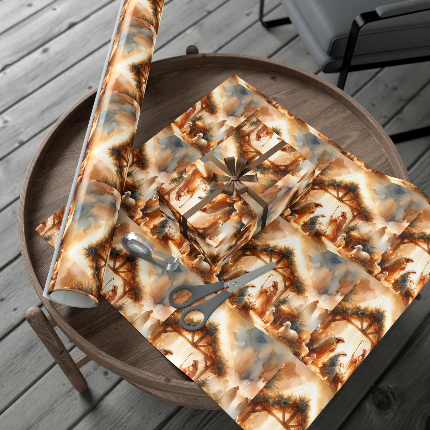 Christmas gift wrap paper with an elegant nativity scene design.