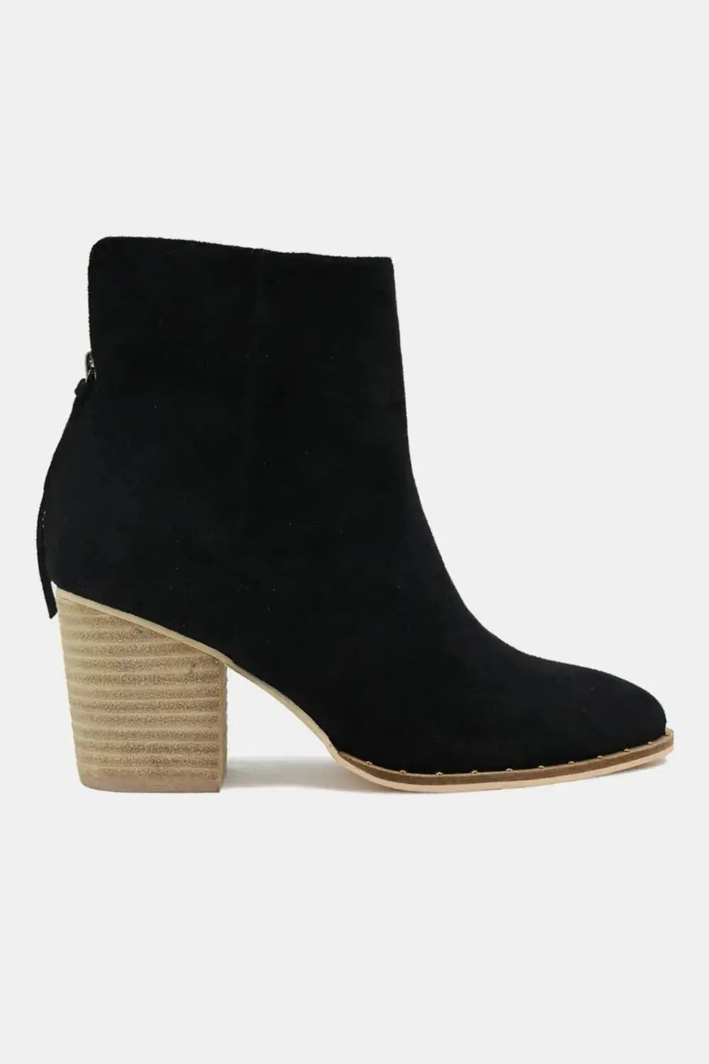 Black suede ankle booties with a pointed toe and mid-height block heel.