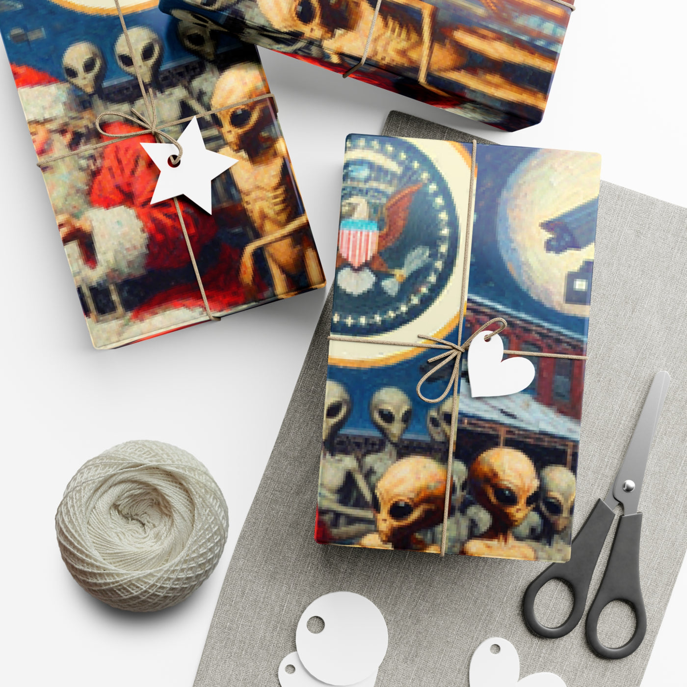 Vintage alien wrapping paper with Santa and patriotic symbols.