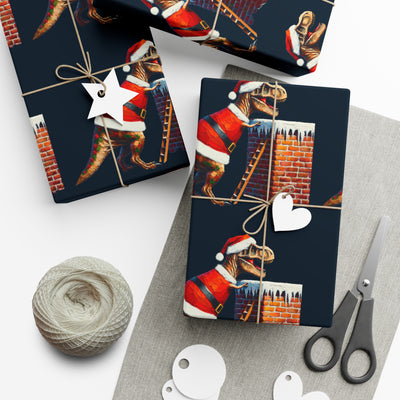 Gift wrap featuring a T-Rex in a Santa suit climbing a chimney.