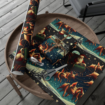 Wrapping paper with Santa and flying pigs in a starry night sky.