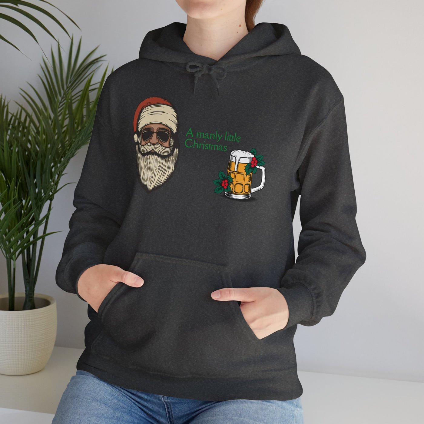 Dark grey hoodie with a Santa graphic and a beer mug.