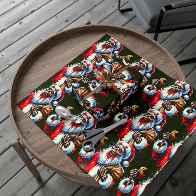 Zombie Santa wrapping paper with a gift, scissors, and tape on a wooden table.