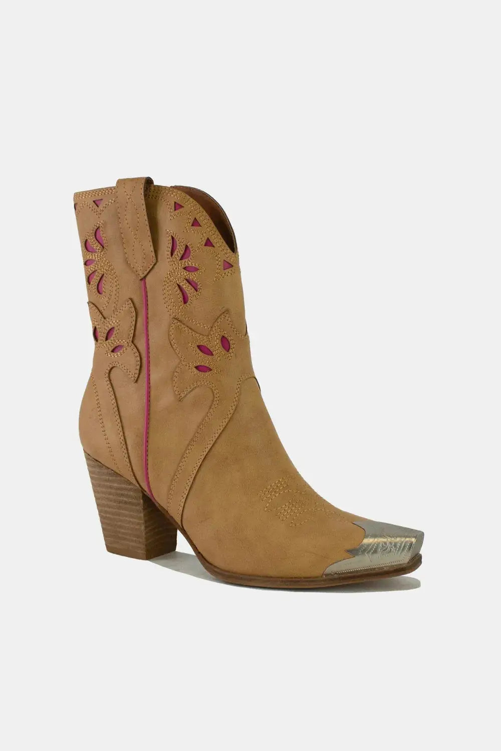 Tan PU leather cowboy boots with floral cut-outs, pink trim, and a silver toe cap.