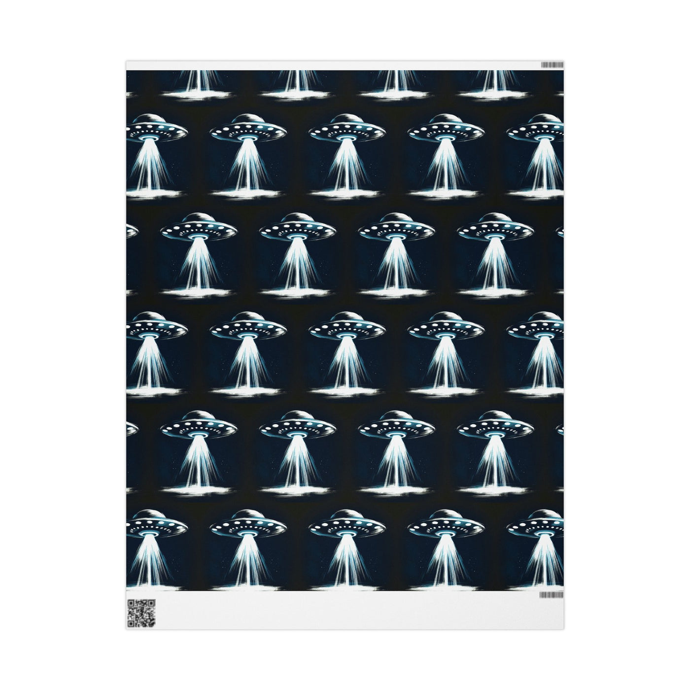 Wrapping paper with a repeating pattern of UFOs beaming light down.
