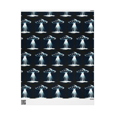 Wrapping paper with a repeating pattern of UFOs beaming light down.
