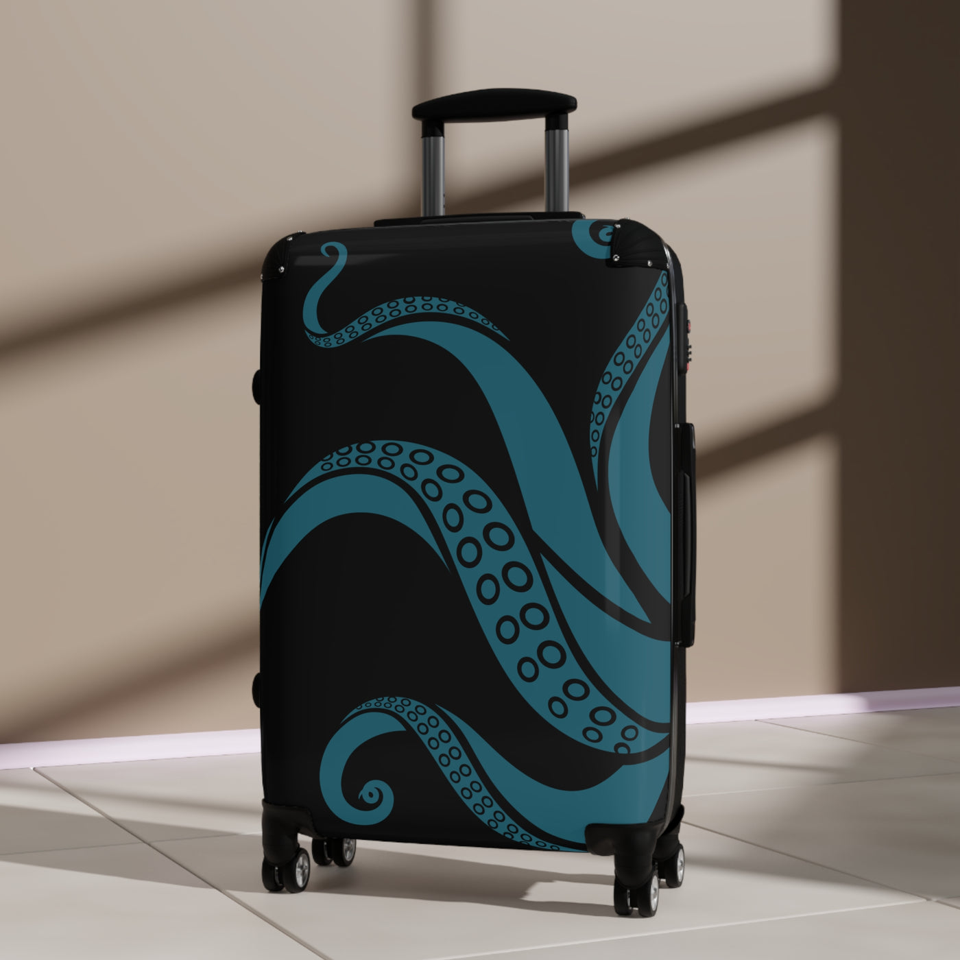 Ocean-inspired suitcase with teal tentacles and durable shell, shown in modern interior with natural lighting.