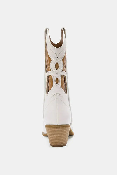 White and brown PU leather butterfly cut detail point toe boots.