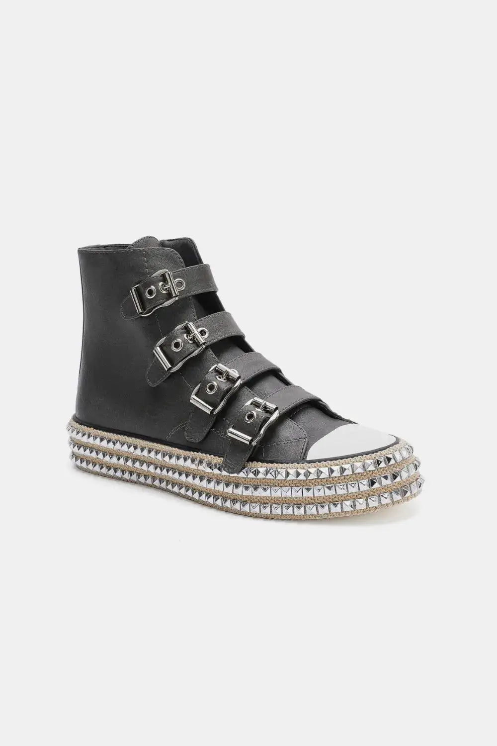 Black high-top sneakers with multiple buckle straps and a studded platform sole.