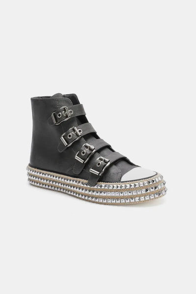Black high-top sneakers with multiple buckle straps and a studded platform sole.