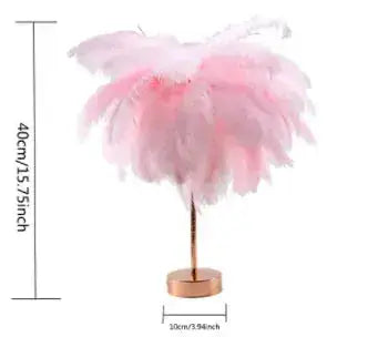 Pink feather table lamp with a rose gold base.