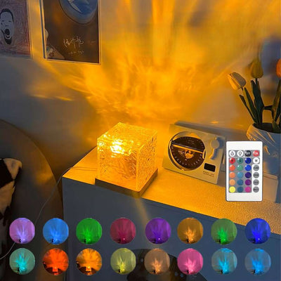 Dynamic Rotating Water Ripple and Flame Crystal Lamp with 16 Color Modes, perfect night light for bedroom or living room decor.