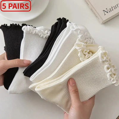 Women’s white ruffle cotton ankle socks with delicate trim, soft breathable fabric, and stylish design.

