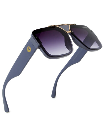 Sunglasses with blue frames and gradient lenses on a white background

