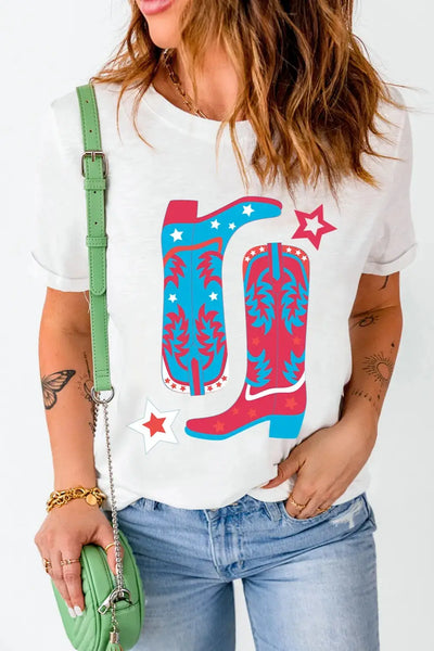 White t-shirt with a red, white, and blue cowboy boot graphic.