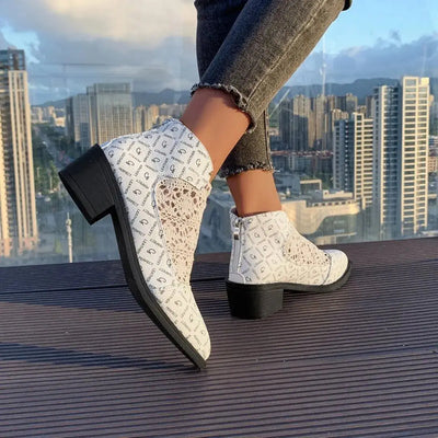 White mesh and PU leather ankle boots with a printed pattern and low block heel.