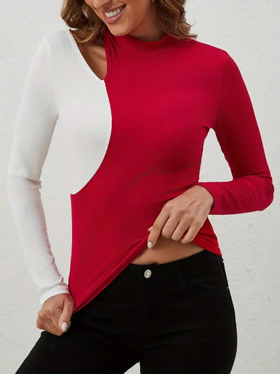 Red and white long sleeve t-shirt with a cutout and mock neck.