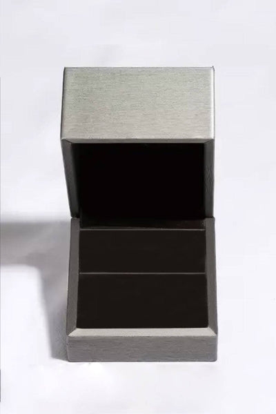 An open, gray ring box with a black interior.