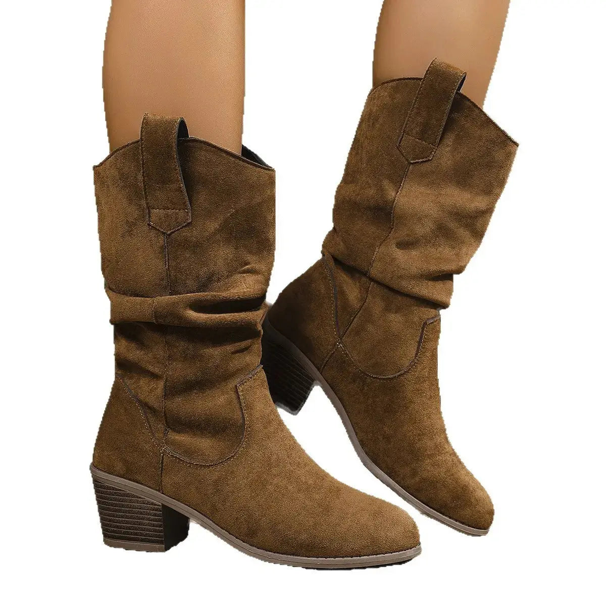 Brown suede mid-heel slouch boots with block heels.