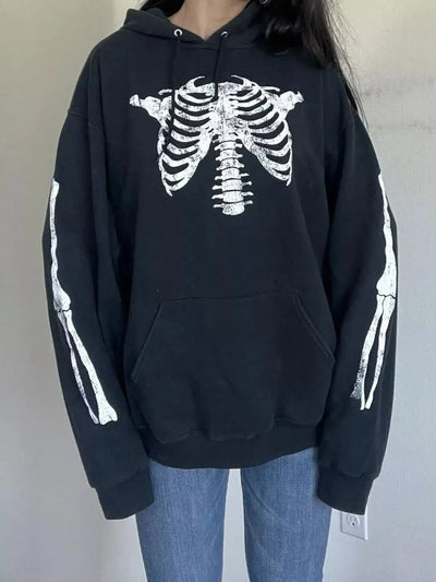 Black long sleeve hoodie with a white skeleton graphic and drawstring.
