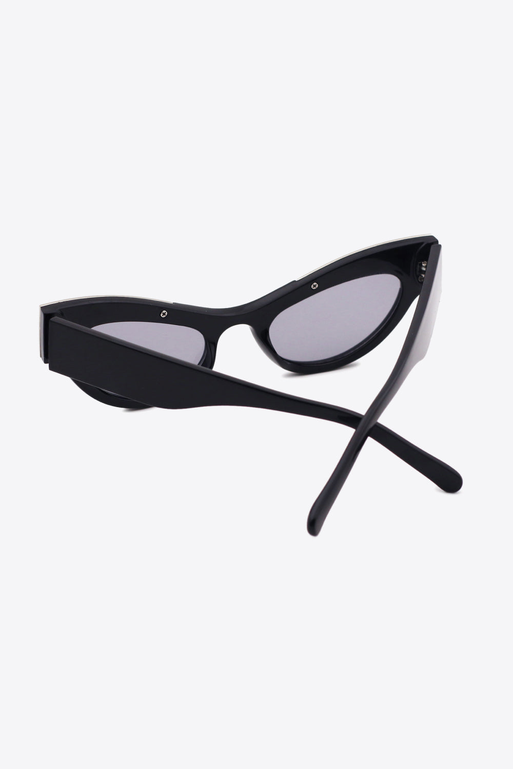 Black cat-eye sunglasses with silver trim and grey lenses.