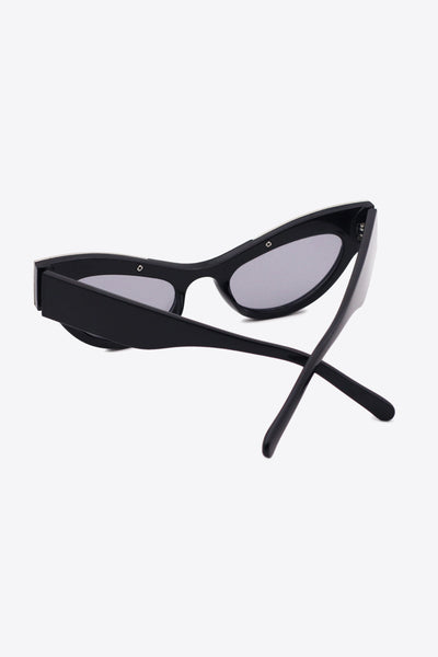 Black cat-eye sunglasses with silver trim and grey lenses.