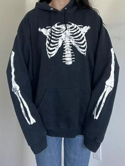 Black long sleeve hoodie with a white skeleton graphic on the chest and arms.