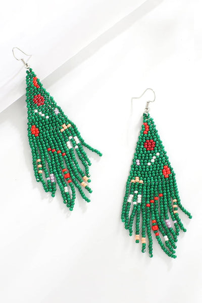 Green beaded Christmas tree shaped dangle earrings with colorful accents.
