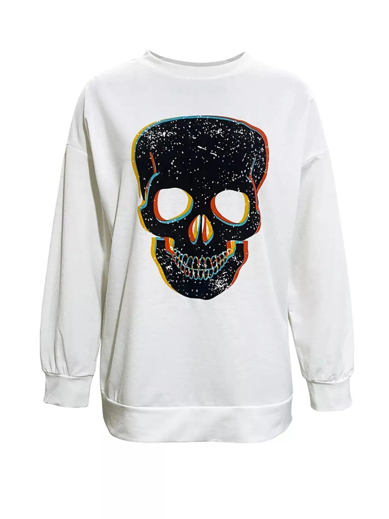 White long-sleeve t-shirt with a black skull graphic.