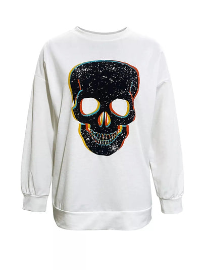 White long-sleeve t-shirt with a black skull graphic.