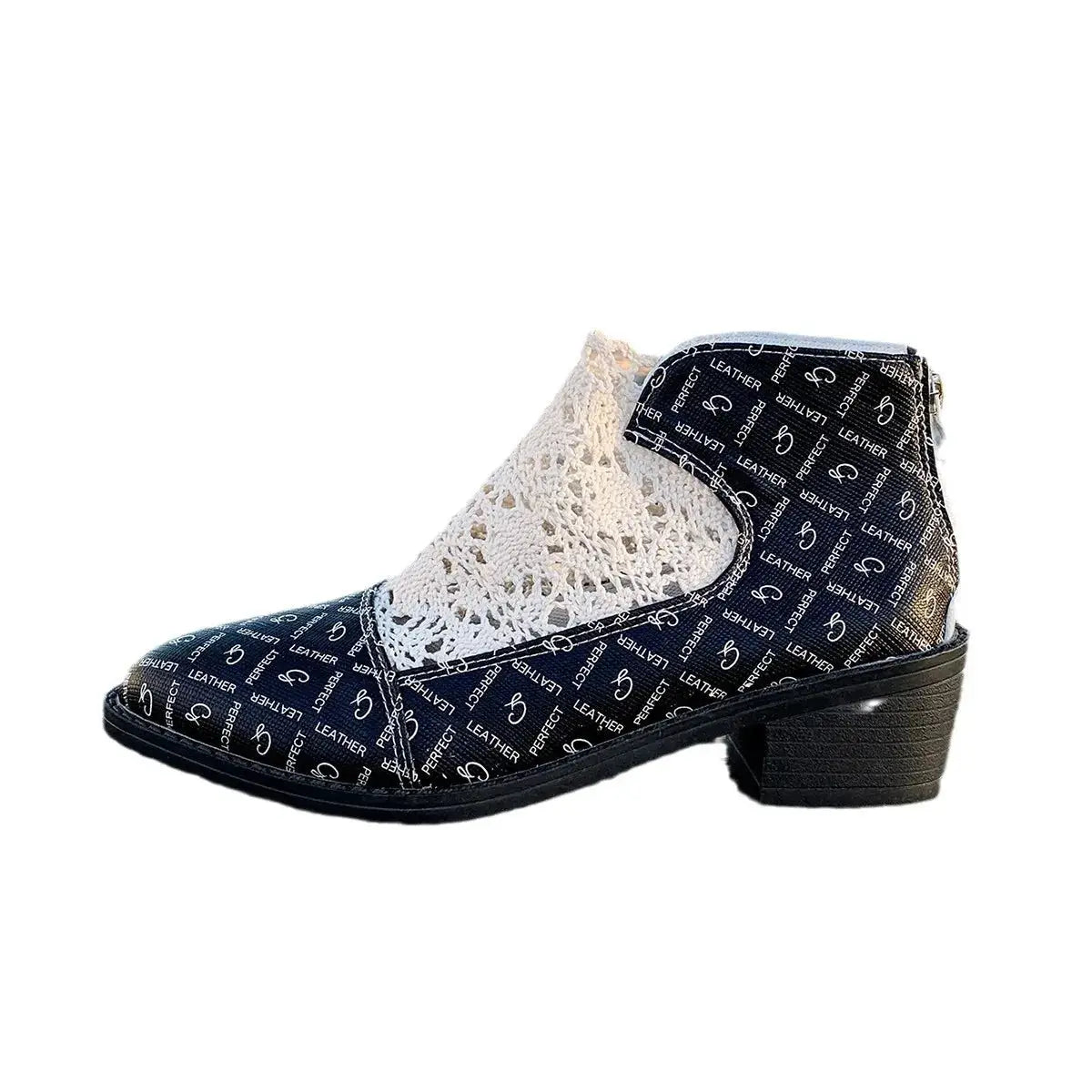 Printed point toe block heel boots with mesh detailing.