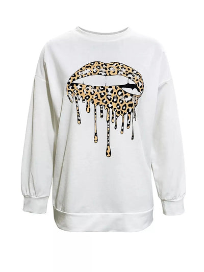 White graphic t-shirt with a leopard print dripping lips design.