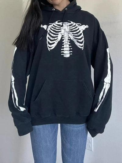 Black long sleeve hoodie with a white skeleton graphic.