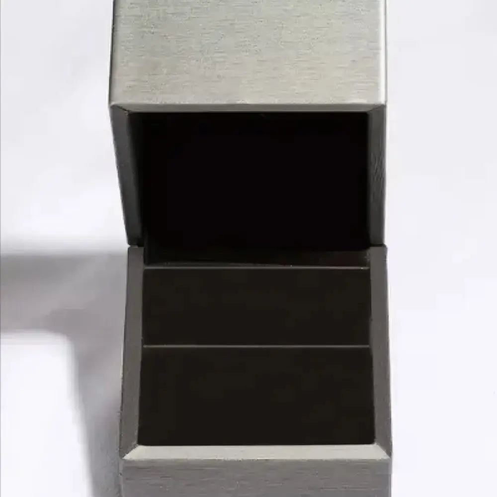 An open grey ring box with a black interior.