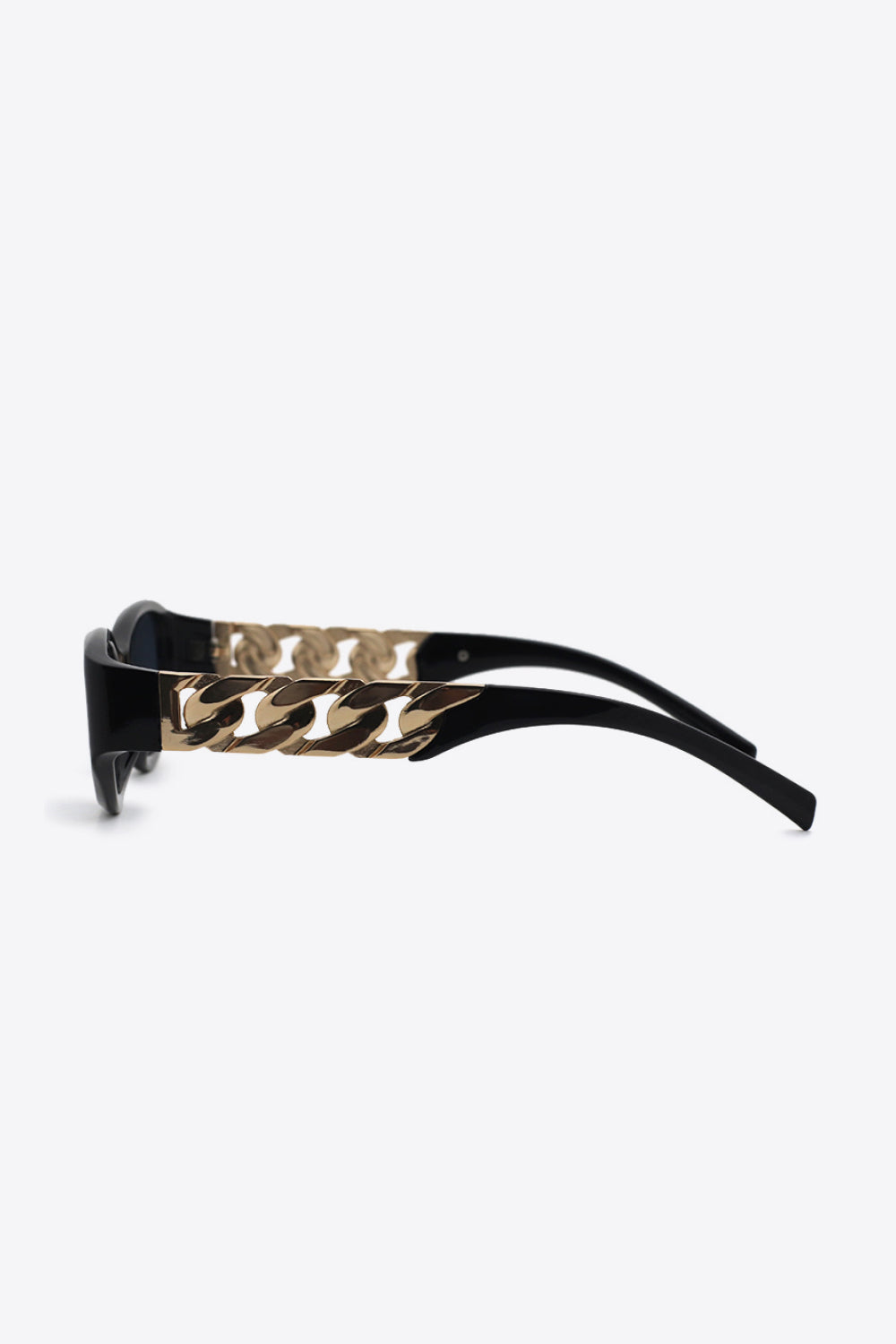 Black cat-eye sunglasses with gold chain detail on the temples.