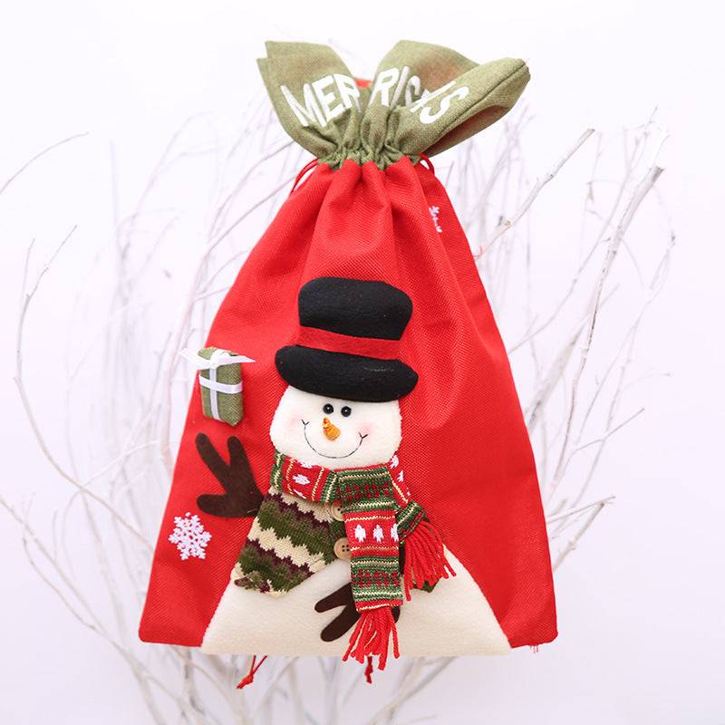 Red drawstring Christmas gift bag with a snowman design.