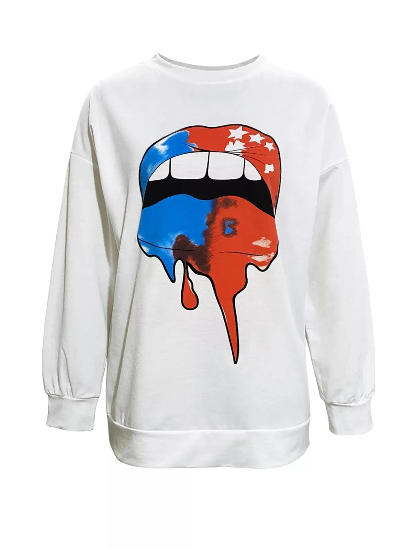 White long-sleeve t-shirt with a graphic of dripping lips in red, blue, and white stars.