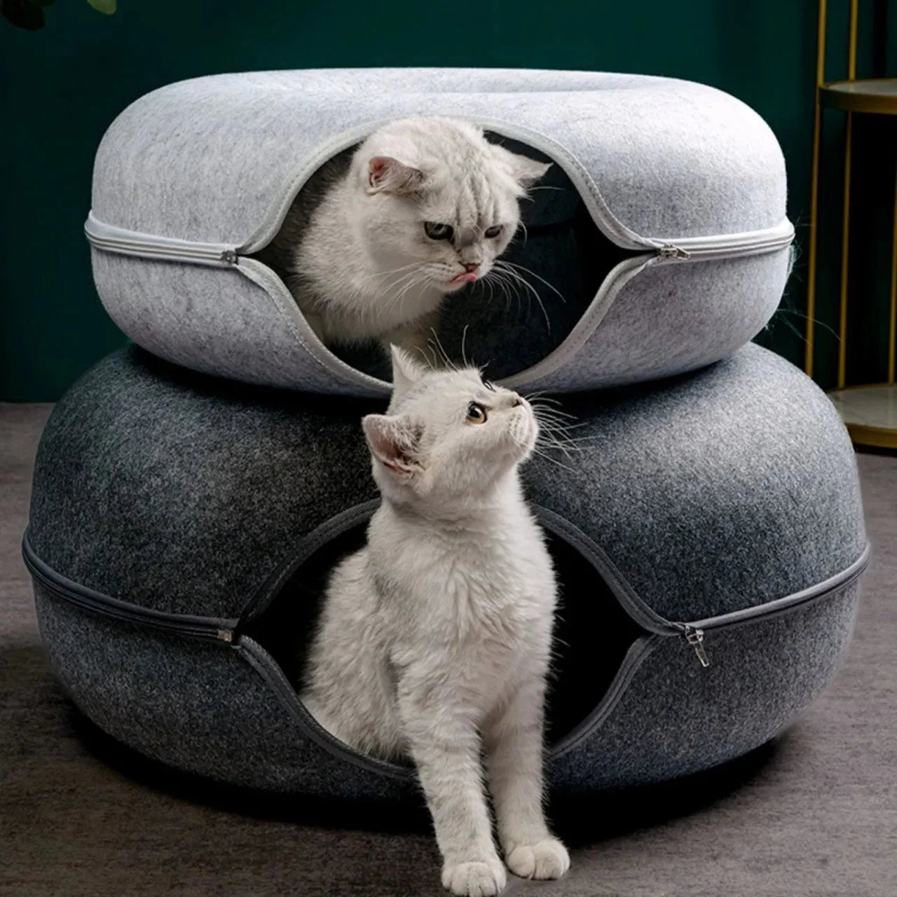 Cozy Cat Play Tunnel Bed – soft gray pet tunnel with plush interior, ideal for cats to sleep, play, and hide indoors.

