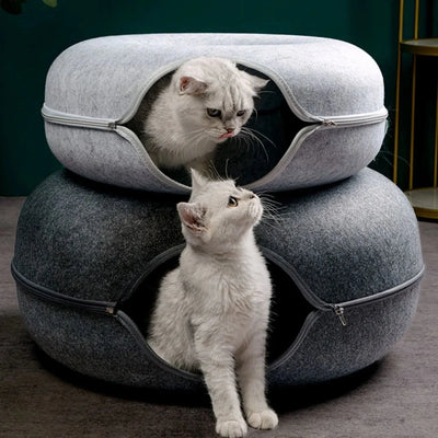 Cozy Cat Play Tunnel Bed – soft gray pet tunnel with plush interior, ideal for cats to sleep, play, and hide indoors.

